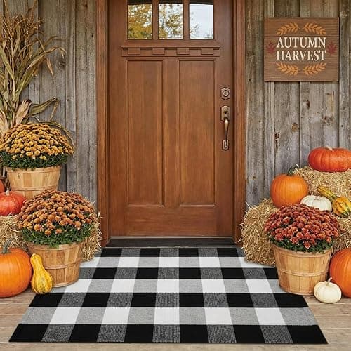 SEEKSEE Fall Decor Buffalo Plaid Outdoor Rug 27.5x43 Black and White Front Door Mat, Layering Rug for Porch, Washable Doormat, Cotton Area Rug for Outdoor Entrance Entryway Patio Porch Decor - Image 1