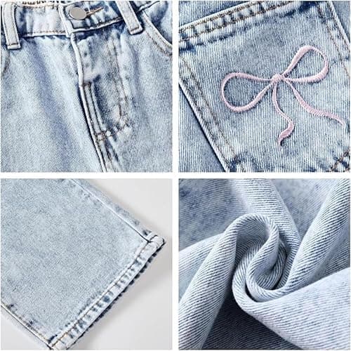 Godalithic Baggy Jeans for Girls Cute Kids Bow Embroidery Wide Leg Denim Pants High Waist Trousers Y2k Tween Clothes 7-13Y thumbnail 5