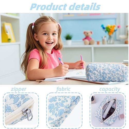 Carry bloom Pencil Pouch Cute Pencil Case for Girls Aesthetic Pencil Bag with Zipper Pen Cases School Supplies Makeup Bag (1 flower blue) - 1 flower blue thumbnail 3
