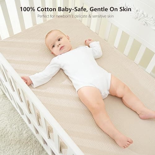 Bearmoss Muslin Crib Sheets 100% Cotton Baby Crib Sheets Fitted for Standard Crib Mattress & Toddler Bed Mattress 52"x28" Soft Breathable Crib Sheet Neutral for Boys Girls - 2 Pack (Oat Latte) thumbnail 4