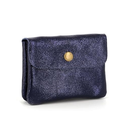 Double Tree - Porte-Monnaie Femme en Cuir Véritable Irisé - Petit Portefeuille Brillant à Rabat Format Enveloppe Élégant - Léger et Pratique - Bleu Marine thumbnail 2