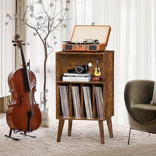 Lerliuo Record Player Stand, Brown Turntable Stand Holds up to 160 Albums, Mid-Century Vinyl Storage Cabinet Table with Solid Wood Legs, Record Player Holder Dispaly Shelf for Bedroom Living Room thumbnail 2