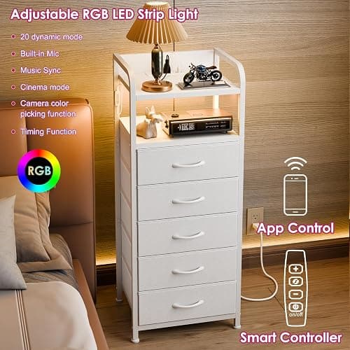 Fixwal Tall Dresser with 5 Drawers for Bedroom, 40 Inch LED Tall Nightstand with Charging Station, Night Stand White Dresser with PU Finish, Bedside Table for Dorm thumbnail 5