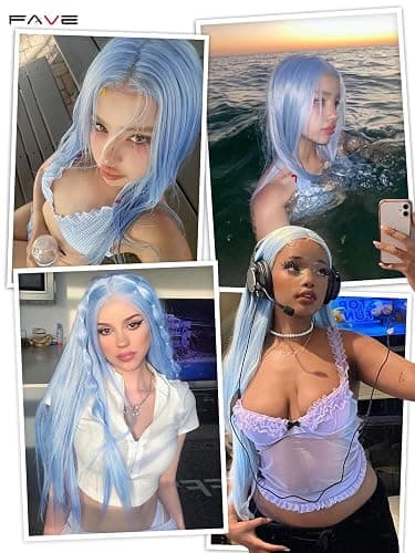 FAVE 65 cm Hellblaue Perücke Lang Glatt Heat Resist Synthetic Fasern Meerjungfrau Look Cosplay Alltag thumbnail 8