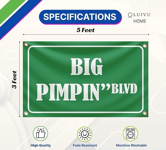 3x5 Feet Big Pimpin'Blvd Funny Quote Single Sided Flag with Four Brass Grommets - Funny Flags Tapestries Polyester Banner for College Dorm Room Wall Decor - Meme Banners Room Decorations thumbnail 2