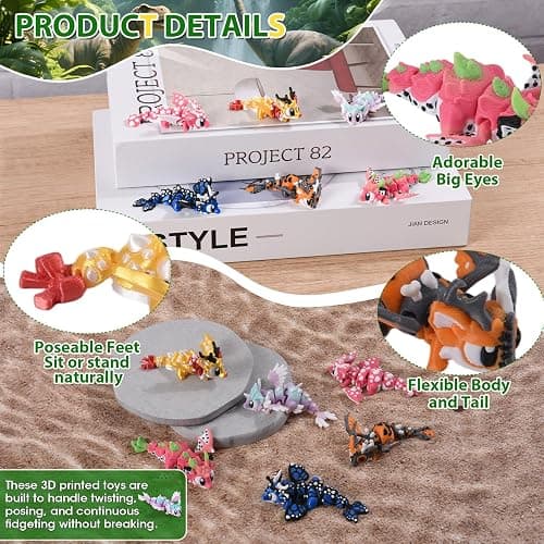 Articulated Baby Dragon Figures Set of 6 3D Printed Mini Dragon Toys | 6 pcs articulated baby dragons, 3D printed flexible mini dragon toys thumbnail 4