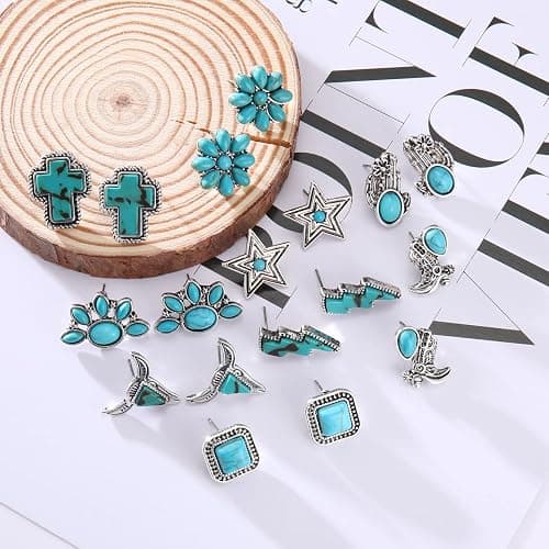 BVGA 9 Pairs Western Turquoise Stud Earrings Vintage Silver Turquoise Cowgirl Boots Lightning Cross Flower Stud Earrings Boho Gemstone Small Geometric Square Star Studs Turquoise Jewelry for Women Girls thumbnail 7