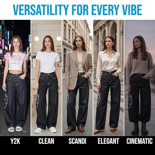 bestshark Baggy Women’s Wide Leg Jeans High Waisted Baggy Denim Pants Loose Fit Y2K Graphic Jeans Black thumbnail 6