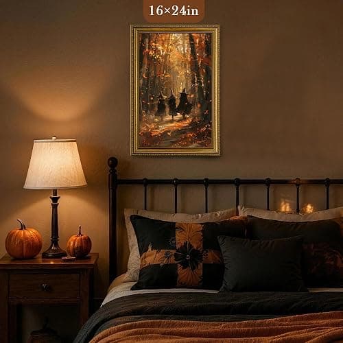 Halloween Vintage Gold Framed Canvas Wall Art, Autumn Forest Witch Wizards with Fall Leaves in Woodland, Easy to Hang Fade Resistant Print, Wall Decor for Bedroom Bathroom Living Room, 8x10 inches thumbnail 5