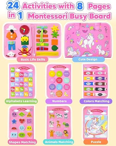 Walenty Busy Board Montessori Toys for Toddler Girl Birthday Gifts, Busy Book Sensory Learning Toys for Toddlers, Educational Activities Airplane Car Travel Toy for Girls thumbnail 3