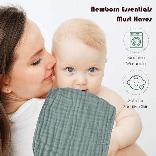 Spotted Play Muslin Burp Cloths 100% Cotton Large 20''x10'' Extra Soft and Absorbent Baby Wash Cloths Spit Up Rags - Baby Burping Cloth for Boys Girls Items(12 Pack Ivory, Slate and Emerald Series) thumbnail 7