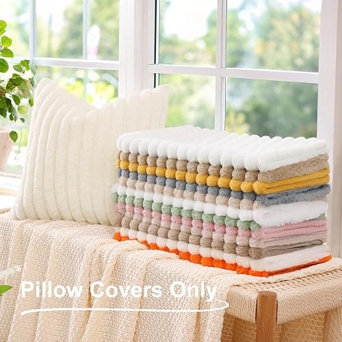 decorUhome Faux Fur Christmas Throw Pillow Covers 18x18 Set of 2, Decorative Soft Plush Striped Neutral Couch Euro Pillow Covers with Velvet Back for Sofa, Bed, Living Room Home Decor, Cream White thumbnail 8