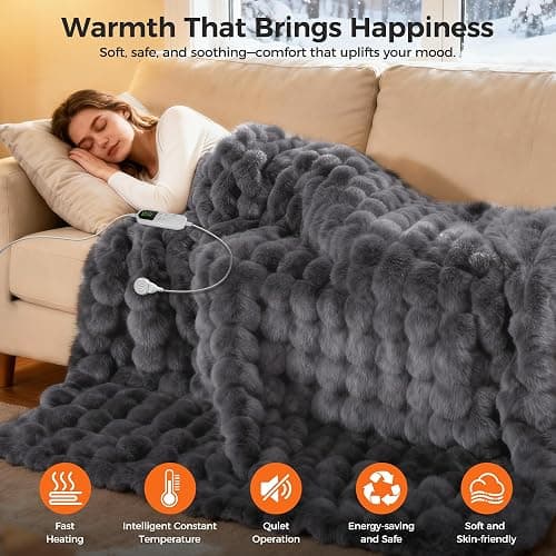 Heated Blanket Throw, Fast Heating Blanket Throw with 1/2/4/6/9/12 Hours Auto-Off 8 Heat Level, 50'' * 60'' Cozy Faux Rabbit Fur Bubble Blanket, Soft Fluffy Warm Blanket(Dark Grey) thumbnail 2
