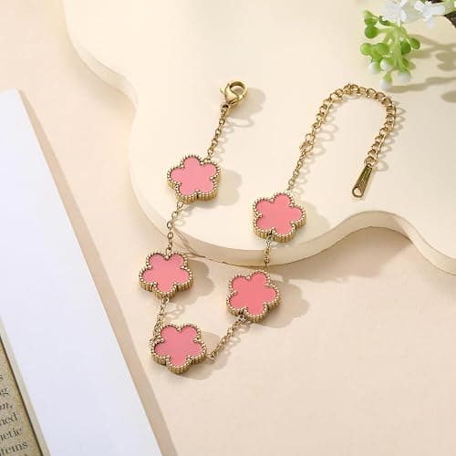 TICVSS Four Leaf Clover Bracelet for Women 18K Gold Plated Stainless Steel Lucky 4 Leaf Gold Link Bracelet Jewelry Gift for Women thumbnail 3