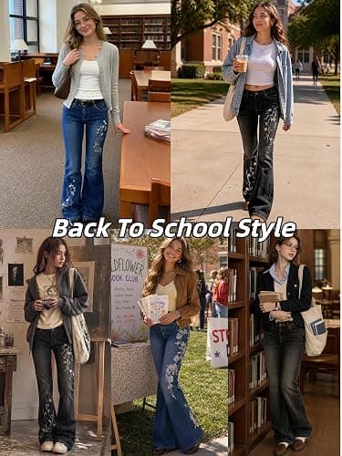 Women Bell Bottom Jeans Stretchy Flare Mid Rise Embroidery Vintage Denim Pants 90s Outfits Y2k Clothes thumbnail 6