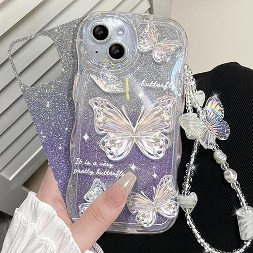 Cutecasee Compatible with iPhone 14 Case for Women/Girls, Cute Butterfly Glitter Bling with Bracelets Anti-Scratch Shockproof Case for iPhone 14, Blue with Bracelets thumbnail 8