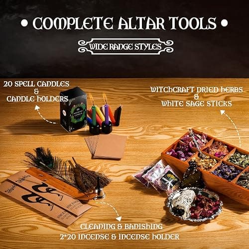 SHYSHINY Huge Witchcraft Kit, 200Pack Witchcraft Supplies for Witch Spells, Wiccan Supplies and Tools with Wooden Box Witch Starter Kit for Beginners thumbnail 6