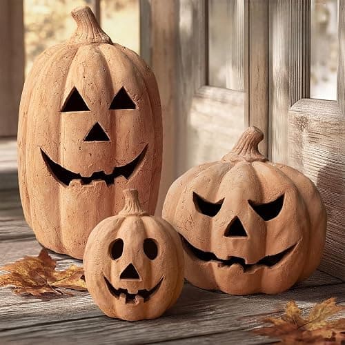 Fall Decor - Halloween Decorations - 15" H Handmade Terracotta Pumpkin Jack O' Lantern Outdoor Indoor -Cute Halloween Farmhouse Autumn Festival Decoration for Home Table Porch Mantel Front Door Room - Image 1