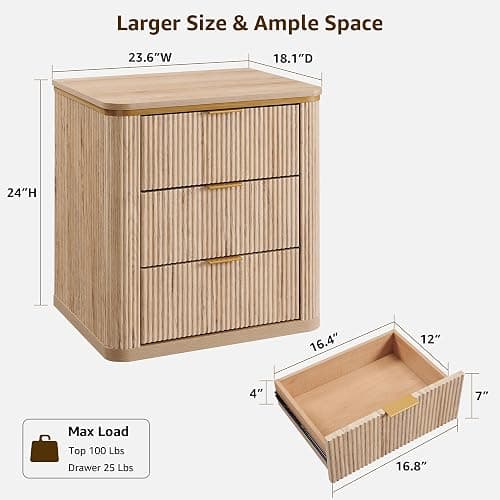 T4TREAM 24" Large Mid Century Modern Fluted Nightstand Set of 2 with 3 Drawers, End Table, Bedside Table for Bedroom, Living Room, Natural Oak thumbnail 2