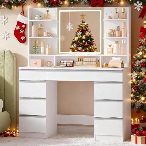 Hzuaneri 9 Drawers Vanity Desk with LED Light, Dressing Table with Large HD Mirror, 9 Open Storage Spaces Makeup Vanity for Bedroom, 3 Colors LED Strip, White DT41903WCA thumbnail 9