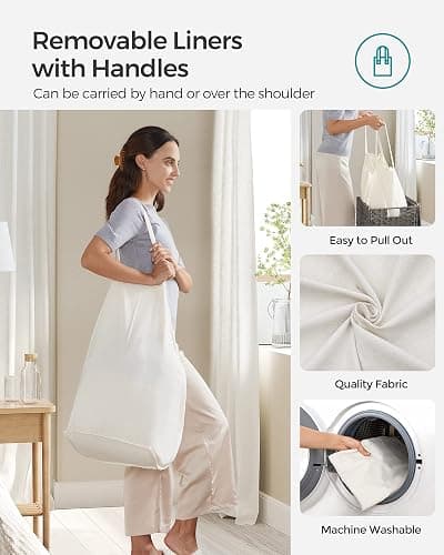 SONGMICS 130L Clothes Hamper with Lid, 2 Removable Liner Bags, 6 Mesh Bags, Wicker, Double Laundry Basket for Bathroom, 13 x 26 x 23.6 Inches, Gray ULCB253G01 thumbnail 6