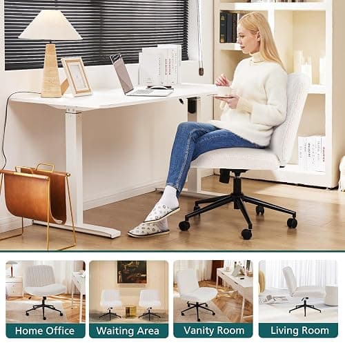 OLIXIS Criss Cross Chair with Wheels Wide Cross Legged Office Desk Vanity Chair Comfy Fabric Armless Adjustable Swivel for Home Computer Task Teddy Beige thumbnail 7