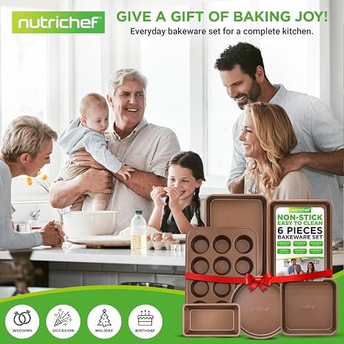 NutriChef 6-Piece Nonstick Bakeware Set, Carbon Steel Baking Pans Set, Includes Cookie Sheets, Wide & Square Bake Pans, Bread Loaf & Round Cake Pan, Muffin Pan - Gold thumbnail 7