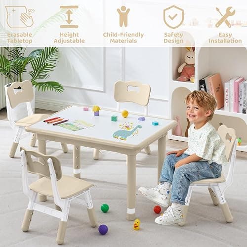 DOREROOM Kids Table & 4 Chairs, Height Adjustable (17.7"-26.1"), Natural | Graffiti Desktop,Table Supports 330 lbs,Toddler Ages 3-8，Children Multi-Activity Table Set for Playroom, Daycare, Classroom thumbnail 7