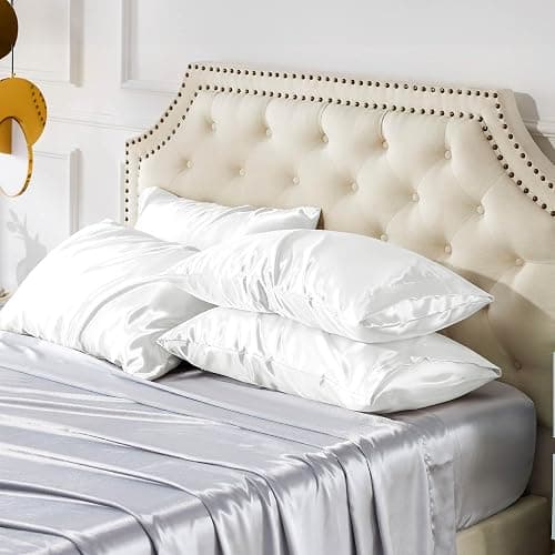 Bedsure Satin Pillowcase for Hair and Skin Queen - Pure White Silky Pillowcase Set of 4 with Envelope Closure, Similar to Silk Pillow Cases, Gifts for Women Men, 20x30 Inches thumbnail 2