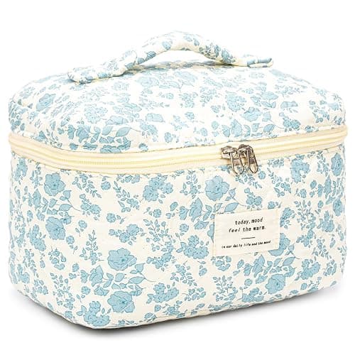 Cotton Makeup Bag Floral Quilted Cosmetic Pouch Large Capacity Flap Handheld Travel Cosmetic Bag Kawaii Coquette Aesthetic Floral Toiletry Bag for Women Girls (Blue) thumbnail 6