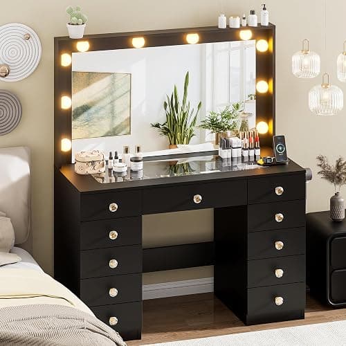 DINGIPP 43.3" Vanity with Large Mirror and 10 LED Lights, Vanity Desk with Glasstop, 11 Drawers with Crystal Handles, Dressing Table with Power Outlet as Gift for Women, Girls (Black) thumbnail 4