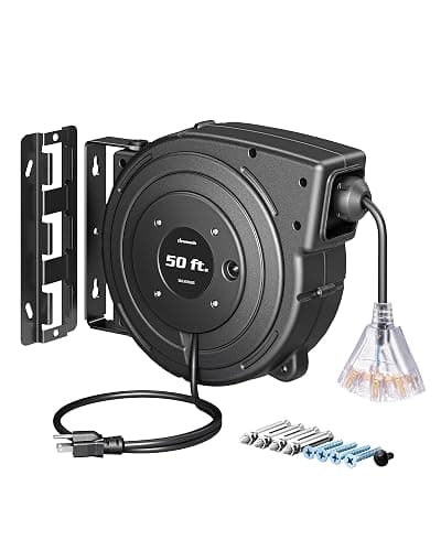 DEWENWILS Retractable Extension Cord Reel, 50FT Heavy Duty Power Cord, 14/3AWG SJTOW, Lighted Triple Tap Outlets, 13 Amp Circuit Breaker, Ceiling/Wall Mount, UL Listed - Image 1