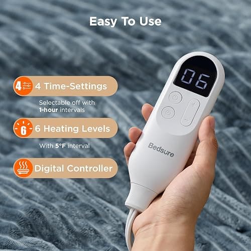 Bedsure GentleSoft Heated Blanket Electric Throw - Soft Ribbed Flannel Electric Blanket, Heating with 4 Time Settings, 6 Heat Levels, 3 hrs Timer Auto Shut Off, Gifts for Grandma (50x60 inches, Grey) thumbnail 5