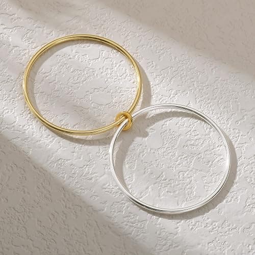 NOKMIT 2PCS 14K Gold Silver Tone Stackable Bangle Bracelets for Women, High Polished Thin Plain Stainless Steel Bangle with Detachable Connector Ring, Non-Tarnish Mixed Metal Jewelry thumbnail 7