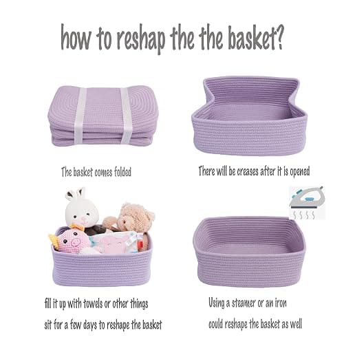 XUANGUO Small Woven Storage Baskets for Shelves, 12" x 8" x 5", Purple | Decorative rope storage bins for closets and toy storage; cute organizer baskets, empty gift baskets and nursery storage. thumbnail 7