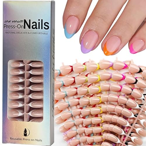 216 Pcs French Tip Press on Nails Meidum Almond Fake Nails 9 Color French Tips Glossy Acrylic Glue On Nails Full Cover Soft Gel False Nail Tips Kit for Women DIY Nail Art Manicure 12 Size - Image 1