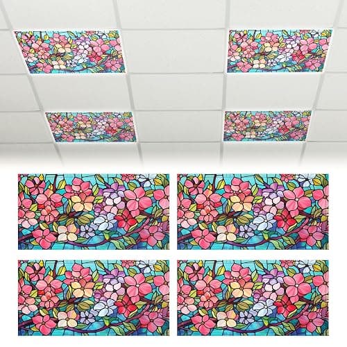 Glooglitter 4 Pcs Colorful Floral Fluorescent Light Covers 4 x 2 ft Stained Glass Magnetic Office Light Cover for Ceiling with 10 Magnets Filter Reduce Glare for Classroom School Home thumbnail 8