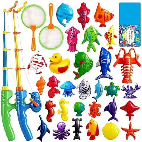 CozyBomB Magnetic Fishing Pool Toys Game for Kids - Water Table Bath-tub Kiddie Party Toy with Pole Rod Net Plastic Floating Fish Toddler Color Ocean Sea Animals Birthday Gift Age 3 4 5 6 Year Old - Image 1
