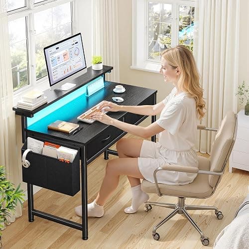 DurayLoly 31.5Inch Office Computer Desk with LED Lights & 2 Fabric Drawers, Gaming Desk with Side Pocket & Ergonomic Monitor Stand, Small Space Study Writing Table with Anti-Tip Design,Black thumbnail 3