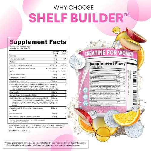 Creatine for Women | Creatine Monohydrate + BCAA Powder Myo-Inositol Collagen Biotin Hyaluronic Acid Folate L Glutamine Vitamin D3 Iron Zinc D-Chiro-Maca Digestion Shelf Builder by Clean Nutra thumbnail 2