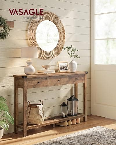 VASAGLE 47.2" Narrow Console Table with 3 Drawers and Open Storage Shelf | Long Sofa Table, 47.2 x 9.4 x 29.9 inchs, Entryway Furniture for Living Room, Honey Brown, LIRY Collection ULNT142KB02S thumbnail 2
