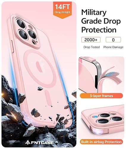 FNTCASE for iPhone 13 Pro Max Case: [Compatible with Magsafe] Translucent Matte Magnetic Cases [Full Camera Protection] Military Grade Shockproof Protective Phone Cover - Light Pink thumbnail 5