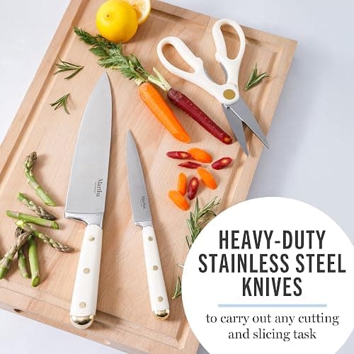 Martha Stewart Knife Block Set 16-Piece - Lockton High Carbon Stainless Steel Forged Full Tang Chef Knives, Acacia Wood Block, Triple Riveted Handles, Linen White & Gold thumbnail 4
