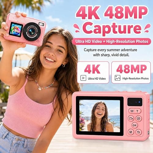 Maxmango D70 4K Underwater Digital Camera - 48MP 10FT Waterproof Camera for Snorkeling - Dual Screen Selfie Compact Floatable Camera with 16GB Card - Point and Shoot Digital Cam 1200mAh Battery -Pink thumbnail 7