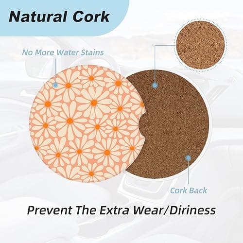 Orange Floral Car Coasters for Cup Holders,2 Pack Car Cup Holder Coasters for Car,Ceramic Absorbent Car Coaster with A Finger Notch and Cork Base,Car Interior Accessories for Women Men thumbnail 4