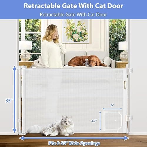 Retractable Baby Gate with Cat Door 55" Wide Retractable Baby Gate for Stairs Mesh Baby Gate with Pet Door Retractable Dog Gate for The House Retractable Pet Gate with Door Safety Gates for Toddlers thumbnail 2