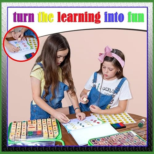 Large Wooden Stamp Premium Set for Kids. 72 Pcs Alphabet Stamps. Letters, Numbers, 3-Color Washable Ink Pad, 3 Refill Bottles, Activity Book. Ideal Creativity Kit thumbnail 8