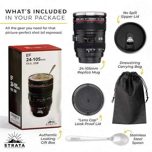 STRATA CUPS Camera Lens Coffee Mug -13.5oz | (2 LIDS + SPOON + BAG) Gift for Him, Dad Gifts, Photography, Camera accessories, Novelty Gifts thumbnail 3