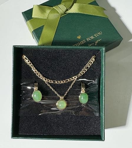 DISTANT DRUMS Simple Natural Green Aventurine Stone Jewelry Set for Women,Hoop Earrings,Bracelet,Necklace,18K Gold-plated Spiritual Gift,Fortunate Stone Jewelry,Choker thumbnail 2