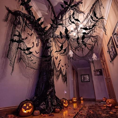 Blueweenly 152 Pcs DIY Halloween Tree Decoration Kit with 124 Pcs 3D Bats 5 Spider Web 2 Kraft Paper Rolls 20 Hooks Spooky Wall Decor Set for Indoor Party Haunted House Decorations - Image 1